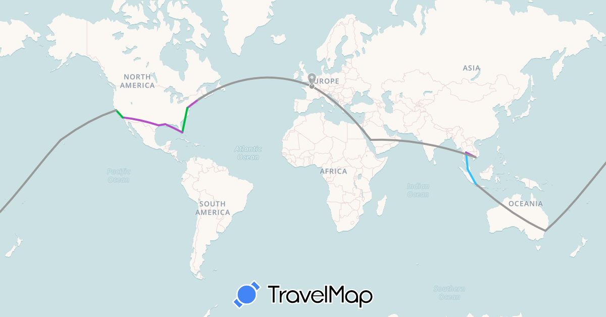 TravelMap itinerary: driving, bus, plane, train, boat in Australia, France, Indonesia, Malaysia, Saudi Arabia, Thailand, United States, Vietnam (Asia, Europe, North America, Oceania)